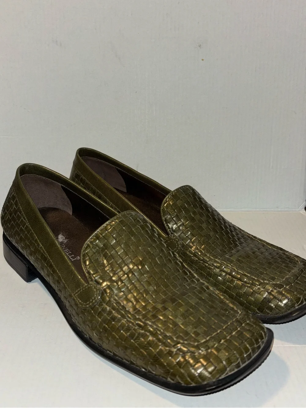 A. Marinelli Olive Woven Leather Loafers olive green Woman's Size 8 square toe